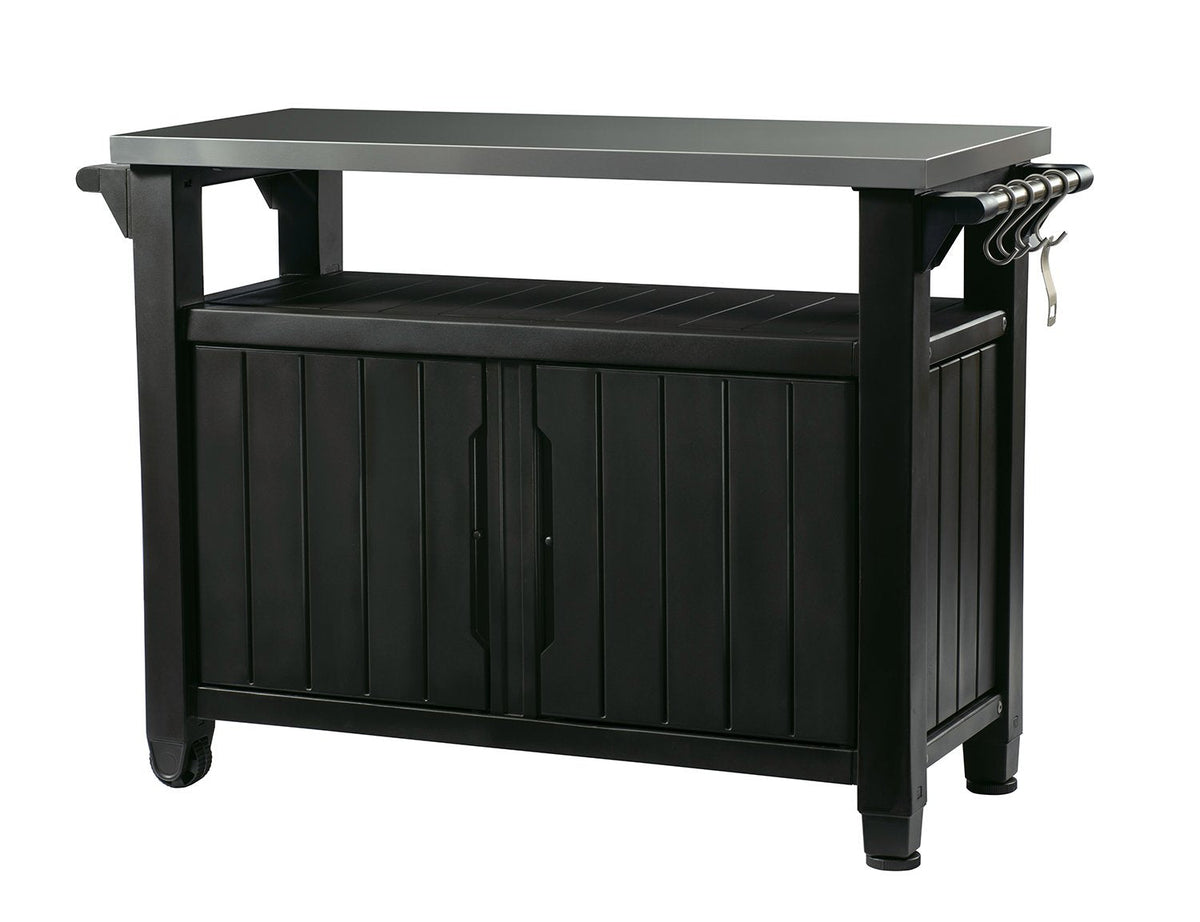 Keter Unity XL Portable Outdoor Table and Storage Cabinet with Hooks for Grill Accessories-Stainless Steel Top