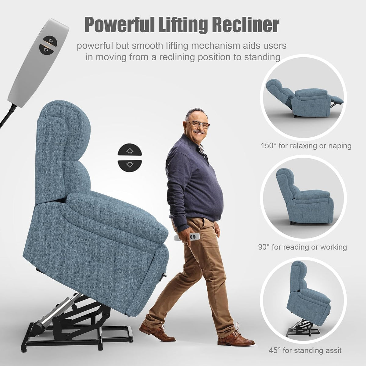 Power Lift Recliner Chair with 8-Point Massage, Heated Lumbar, Extended Footrest and USB Charging, Light Blue