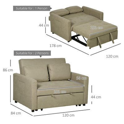 2-Seater Sofa Bed Settee in Snow Flannel with 3-Position Recline and Pull-Out Bed, 120cm, Light Brown