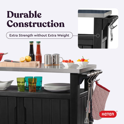 Keter Unity XL Portable Outdoor Table and Storage Cabinet with Hooks for Grill Accessories-Stainless Steel Top
