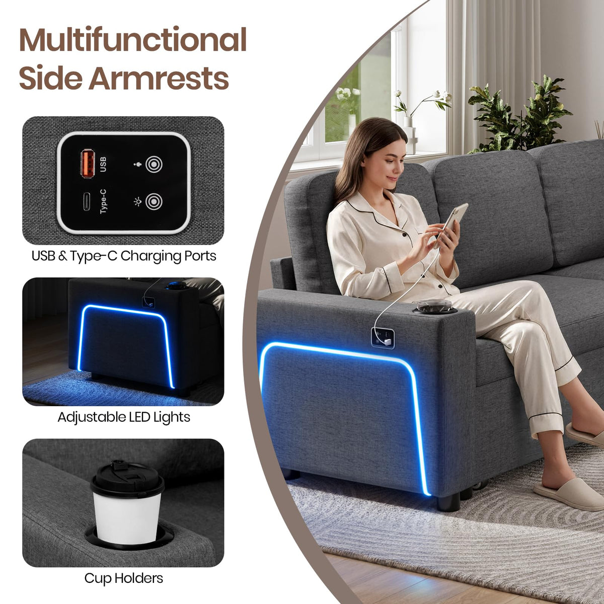 L-Shaped 3-Seater Corner Sofa Bed with LED Lights, USB Charging, Storage and Cup Holders, Grey Linen