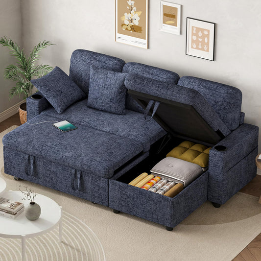 L-Shaped 3-Seater Corner Sofa Bed in Blue Chenille with USB Charging, Storage, Cup Holders and Cushions