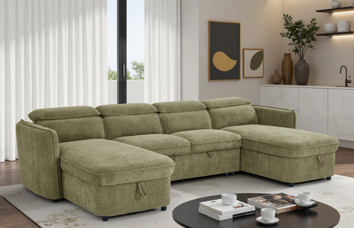 U-Shaped Corner Sofa Bed in Green Upholstery with 2-Person Delivery and In-Room Assembly