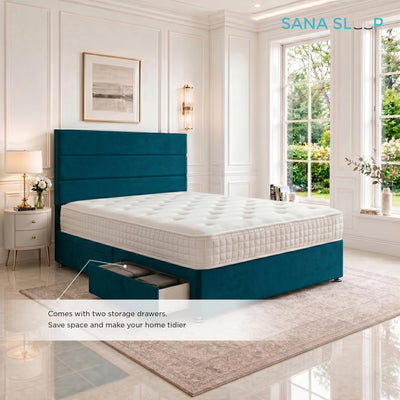 5ft King Size Divan Bed Set with Orthopaedic Mattress, 2 Storage Drawers and 26-Inch Headboard, Jade