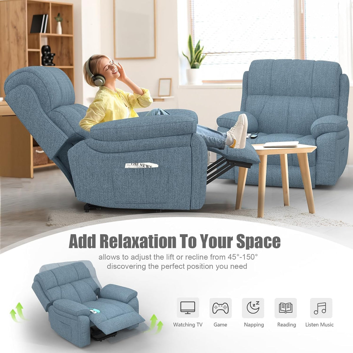 Power Lift Recliner Chair with 8-Point Massage, Heated Lumbar, Extended Footrest and USB Charging, Light Blue
